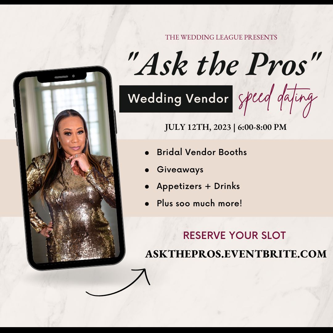 If you're currently involved in your wedding planning journey, this is one event you won't want to miss👏🏽

Enjoy this unique speed dating event that allows you to sit face to face with Atlanta's top wedding industry professionals to answer any questions.

Swipe to see more deta