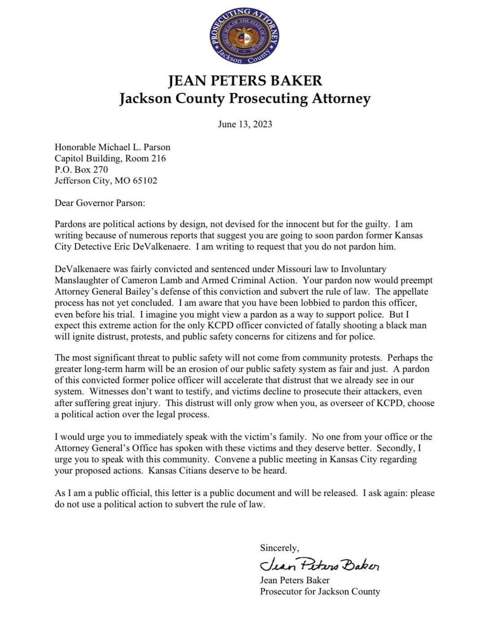 I am speechless. The Missouri Governor is thinking of issuing a pardon to the KCPD Officer who killed Cameron Lamb—a Black man who was murdered in his car by KCPD Officer, Eric DeValkenaere. 

The justice system ran its course and Officer DeValkenaere was found guilty in