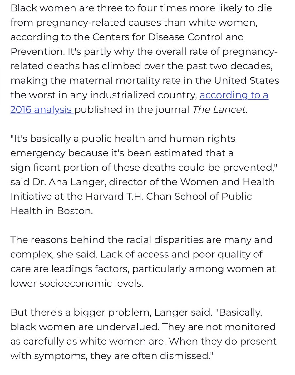 This is such a terrible tragedy and it unfortunately supports some very damning data. Black women are 3x more likely to die in childbirth than their white peers, and while economic disparities are an issue, it is public health crisis largely created by the fact Black women are…