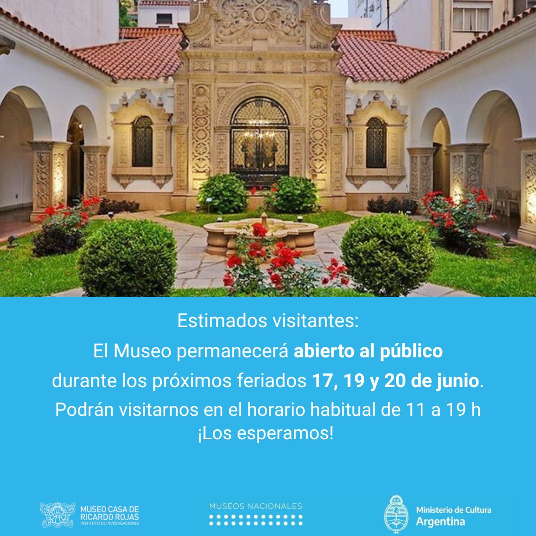 Te invitamos a visitarnos durante los próximos días feriados 
Pueden visitarnos en el horario habitual de 11 a 19 h
¡Los esperamos! 

#Feriados
#MuseosEnMovimiento 
#PatrimoniosActivos 
#MuseoCasaRojas 
@museosypatrimonionacion
<a href="/culturanacionar/">Cultura Nación</a>
