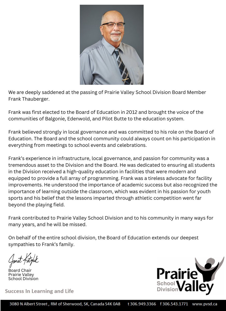 We are deeply saddened at the passing of Prairie Valley Board Member Frank Thauberger. Please see our Board's message below.