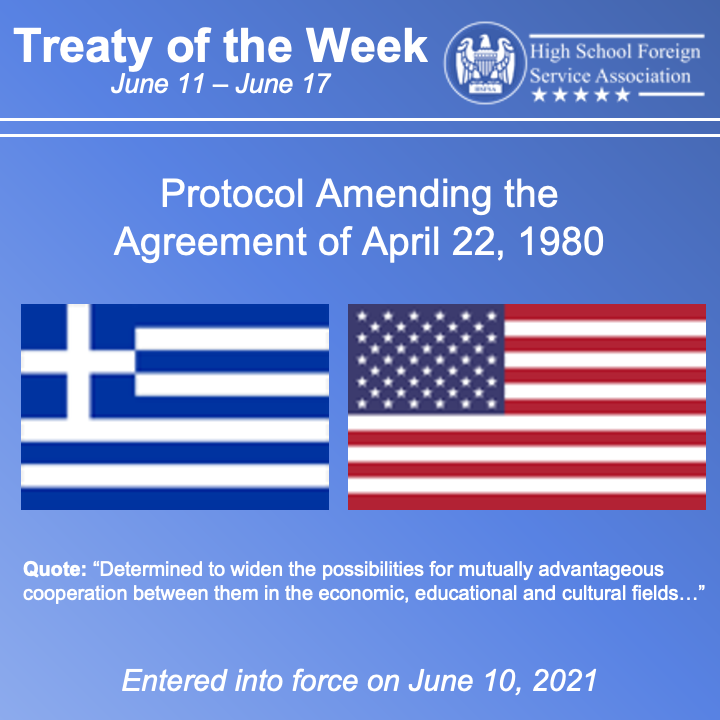 hsfsatoday's tweet photo. 🌐Treaty of the Week!

The United States 🇺🇸 and Greece 🇬🇷 signed "Protocol Amending the Agreement of April 22, 1980"

✅ This agreement amended and extended the mutual economic and social cooperation of the US and Greece!

#diplomacy #foreignpolicy #greece @usembassyathens https://t.co/qGXPeorbkE