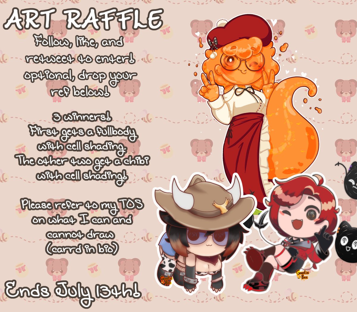 ART RAFFLE!!!
To celebrate reaching 200 followers, I will be picking 3 people from this! The first will win a fullbody, and the other two, a chibi

Rules:
◦Follow, like, and retweet
◦OPTIONAL: drop your ref below

ENDS JULY 13TH
#pngtuber #Vtuber #VTuberUprising #artraffle