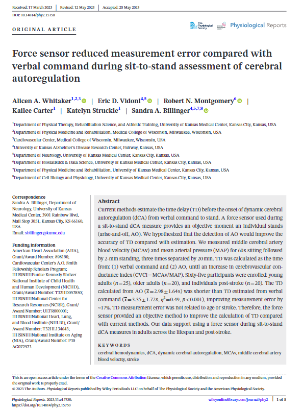 APSPublications's tweet photo. New #OpenAccess 🔓article in @PhysRep: Force sensor reduced measurement error compared with verbal command during sit-to-stand assessment of #cerebral #autoregulation (Whitaker et al.)
https://t.co/kJHVRnB41H
@KUMedCenter @MedicalCollege #MCAv #stroke #CerebralHemodynamics https://t.co/yxkQw8W9pk