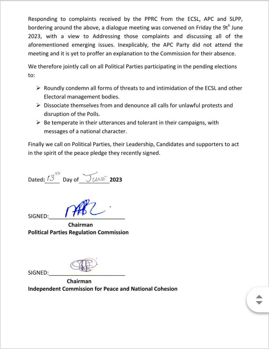 KSTAR96137679's tweet photo. Joint statement by Political party regulation commission PPRC and independent commission for peace and national cohesion ICPNC.
#GameChanger
#5Done5MoreToGo #SierraLeone #SLPPDelivers #5MoreYears #OneCountryOnePeople
๐๐๐๐๐๐๐ https://t.co/2mXABNEuVc