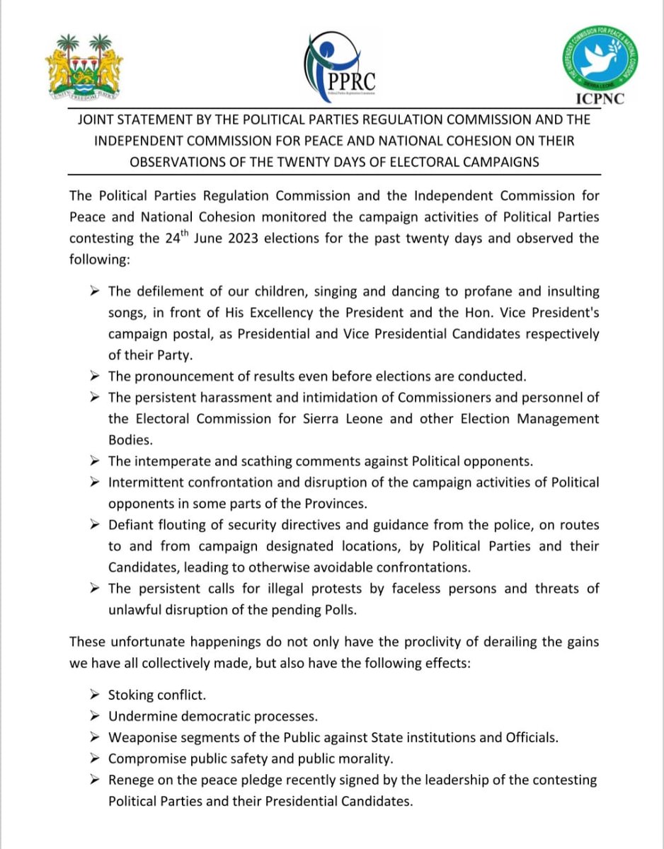 KSTAR96137679's tweet photo. Joint statement by Political party regulation commission PPRC and independent commission for peace and national cohesion ICPNC.
#GameChanger
#5Done5MoreToGo #SierraLeone #SLPPDelivers #5MoreYears #OneCountryOnePeople
๐๐๐๐๐๐๐ https://t.co/2mXABNEuVc