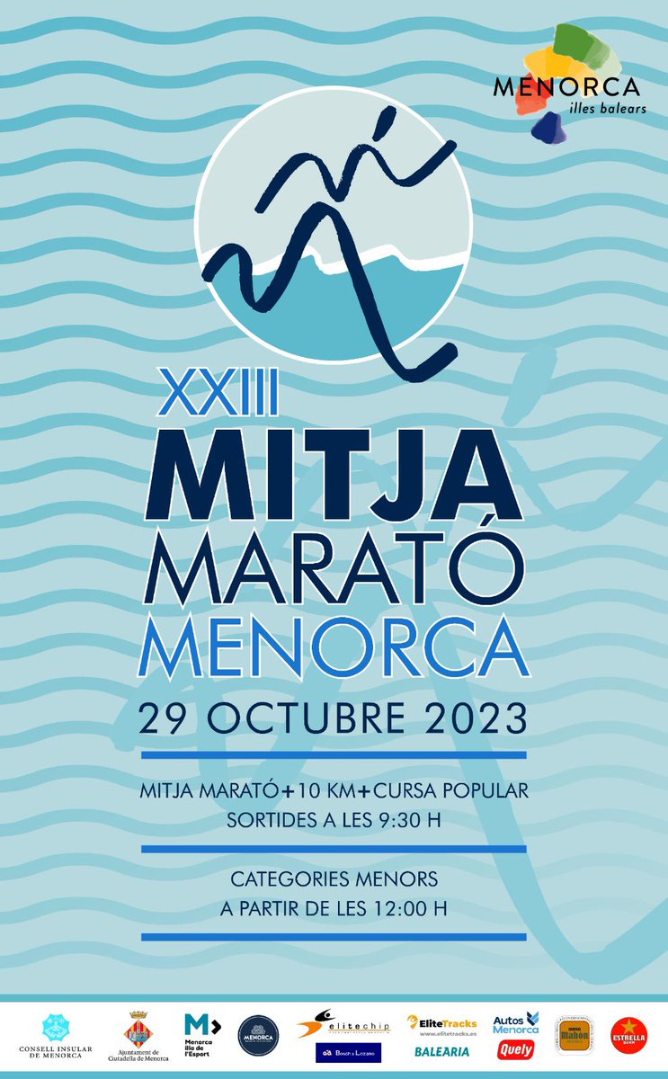 XXIII Mitja Marató de Menorca 
XII 10 km 
I també Cursa Popular! 🥳🥳🥳
🔴Diumenge 29 d'octubre 🔴
📌 Plaça del Born de Ciutadella
Amb el patrocini de la Fundació del Foment del Turismo de Menorca 

Inscripcions a la nostra APP i web 👇👇👇elitechip.net/index.php?zwsh…