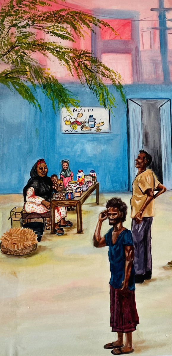 Unemployment in Somalia 🇸🇴. Men are sitting in bibito or on the streets; some of them are drinking tea; some of them can't buy even one loaf of bread or cup of tea; some of them are playing games; some of them don't know what they're going to do. #daadihiye #somaliart #acrylic
