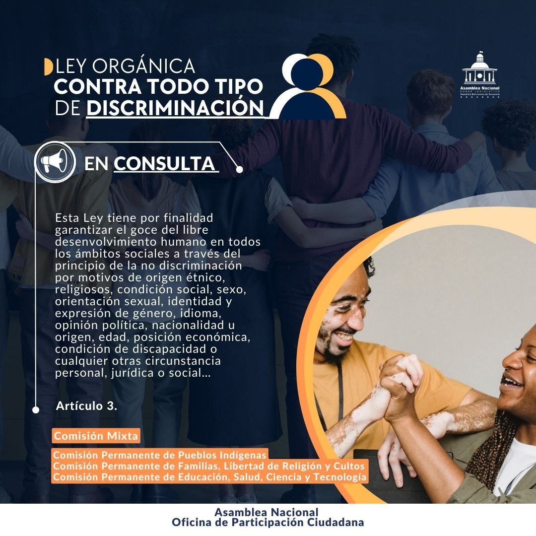 Pueblo Legislador ya puedes a través del siguiente enlace 👉forms.gle/72dKuJ6niTumu1… participar en la Consulta Pública del PROYECTO LEY ORGÁNICA CONTRA TODO TIPO DE DISCRIMINACIÓN.  
¡Tú opinión cuenta! #13Jun #VivaLaUniónDeLosPueblos @nicolasmaduro <a href="/pinfantea/">Pedro Infante A.</a> @amkvalentina