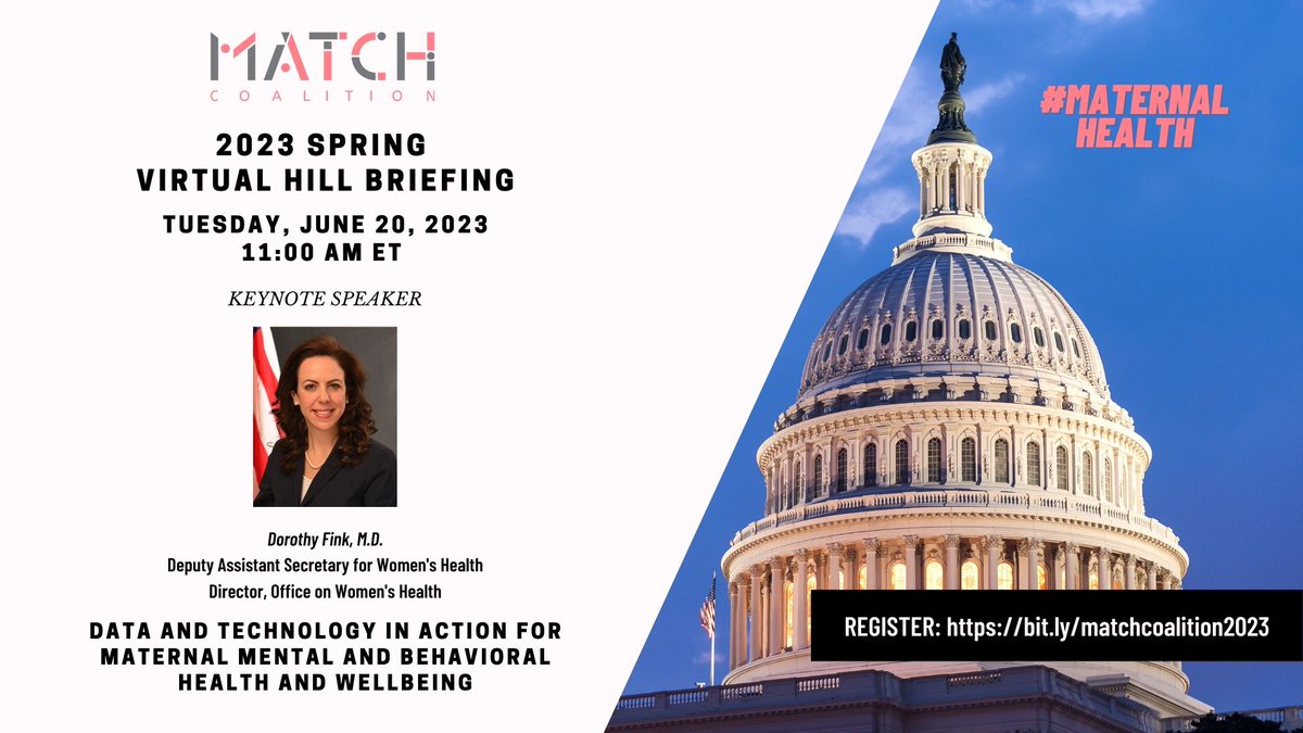 Proudly presenting Dr. Dorothy Fink, U.S. Deputy Assistant Secretary for Women's Health, Keynote Speaker at the
MATCH Coalition’s Spring 2023 Virtual Hill Briefing happening on June 20th. #MaternalHealth #DigitalHealth