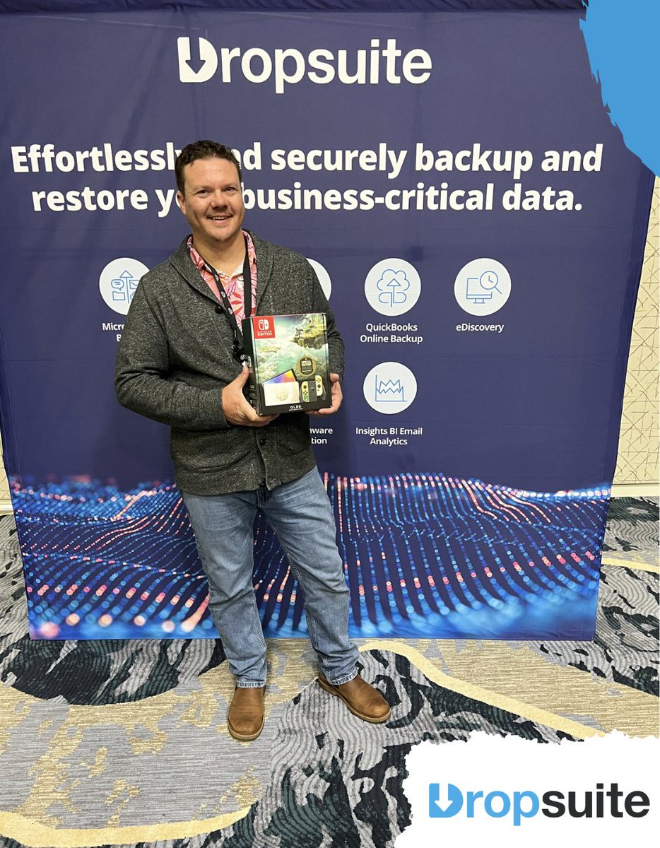dropsuite's tweet photo. 🎉 Congratulations to David Coles with Castle Rock Sky for winning our Nintendo Switch giveaway during our Vendor Breakout Session! 

Visit us at Booth 220, and let's embark on a journey of innovation and success together! 🚀

#Dropsuite #PAX8Beyond https://t.co/6EqkygMfP9