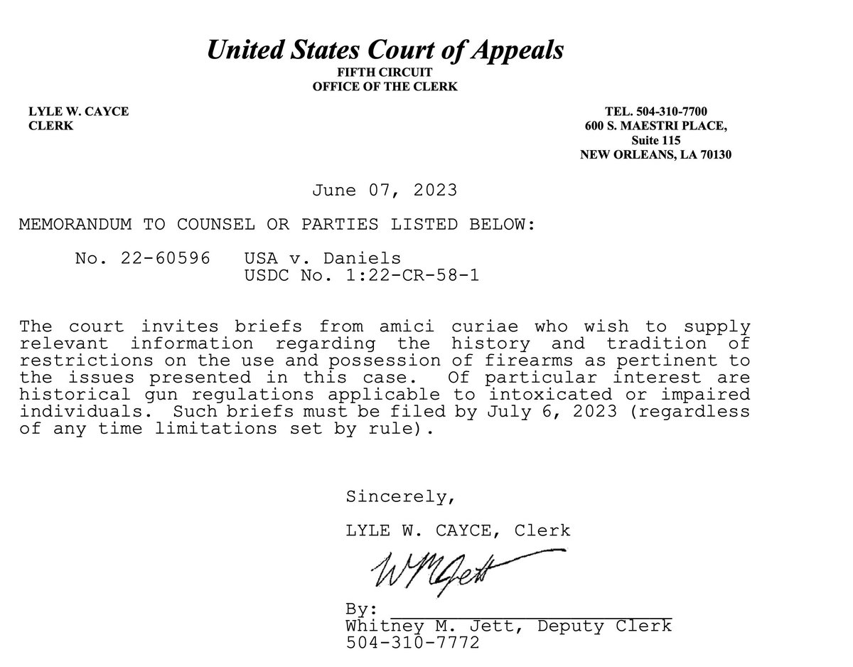 🚨🚨🚨

I don't normally listen to CA5's criminal cases, but this has been brought to my attention - a CA5 oral argument panel has asked for Bruen amici on the history of gun regulations, specifically on intoxicated or impaired individuals. #AppellateTwitter.