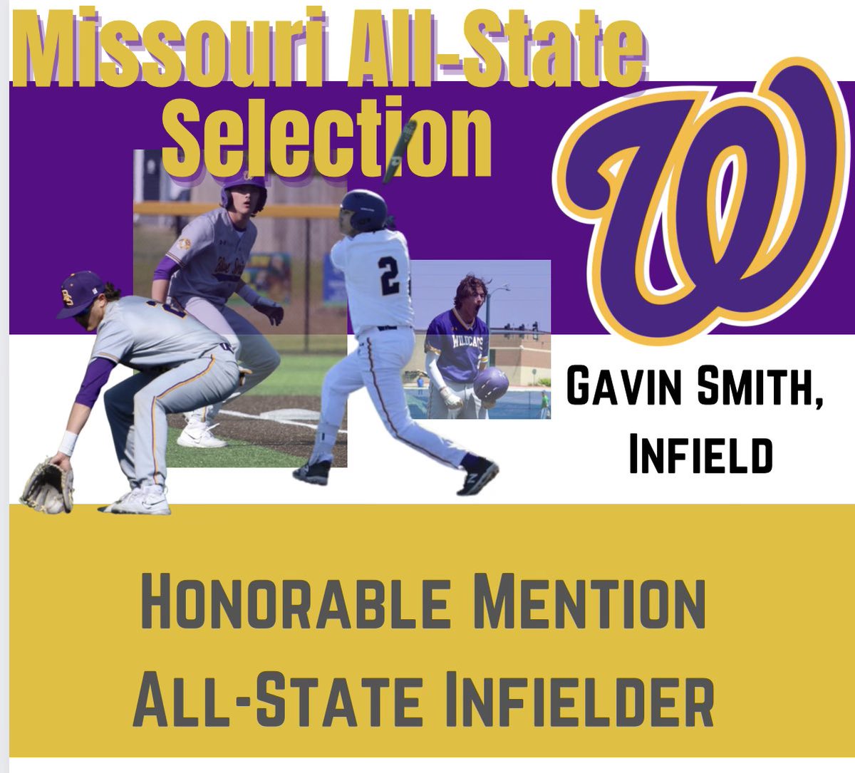 BshsWildcat's tweet photo. We have two very special announcements to make today…

First, a huge congratulations to senior Gavin Smith on being named an Honorable Mention All-State infielder! Gavin had an OBP over .500 this season and an OPS over 1.000 to go with 17 SB and a school record 34 walks! https://t.co/gl52Q8HxSv