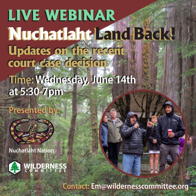 Coming up TOMORROW!

Hang out with leaders and lawyers from the Nuchatlaht, catch an update on the recent Supreme Court decision on their title case, and learn what's next for this small but mighty Nation!

us02web.zoom.us/webinar/regist… #bcpoli #cdnpoli #NuchatlahtSolidarity