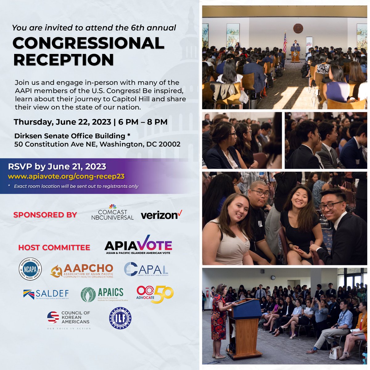Join us for the 6th Annual Congressional Reception and engage in-person with many of the AAPI members of the U.S. Congress! Be inspired, learn about their journey to Capitol Hill, and share their view on the state of the nation.  

RSVP at  apiavote.org/cong-recep23