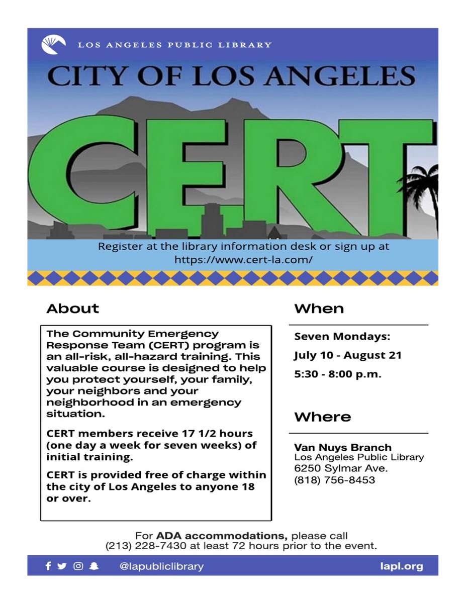 The CERT program is an all-risk, all-hazard training. You will learn what supplies you should have in your house, how much food, how much water... but most importantly: how to protect your family in an emergency!

Sign up for the FREE training: cert-la.com