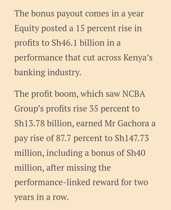 Kenyan bank CEOs eat with spade-sized spoons buana.

Equity Group CEO & NCBA CEO earned a combined ksh362.37M in 2022!

Mwangi took home ksh213.64M (ksh17.8M/Month) - ksh160M (ksh13.3M/Month) when ksh53M 2021 missed bonus is excluded.

Gachora bagged ksh147.73M (~ksh12.3M/Month).