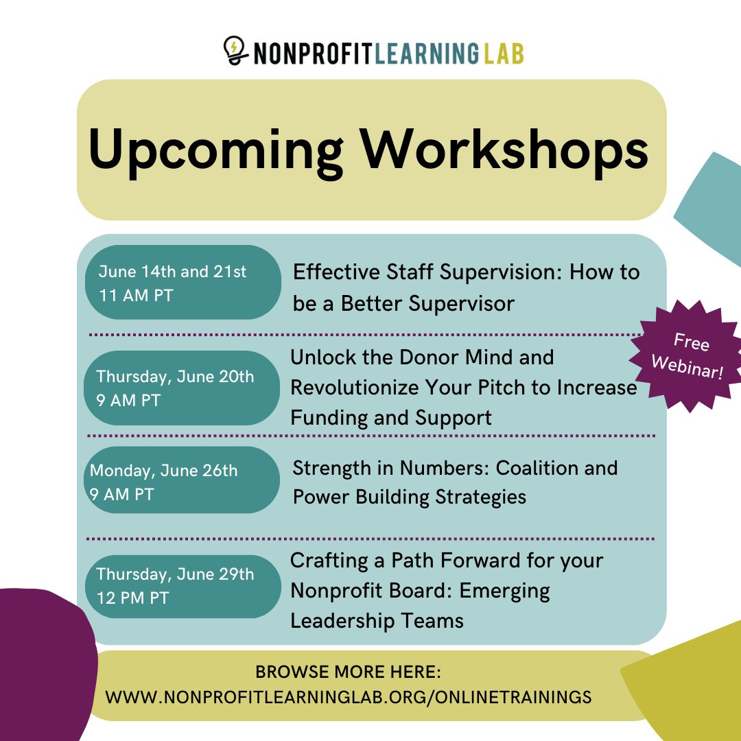 Hello Mentoring Matters Community! 👋

✨ We want to share these FREE webinars from the Nonprofit Learning Lab happening this June!

Learn more and register for this and many more FREE webinars at: nonprofitlearninglab.org/webinars.

#Nonprofit #Resources #MentoringMatters #FreeWorkshop