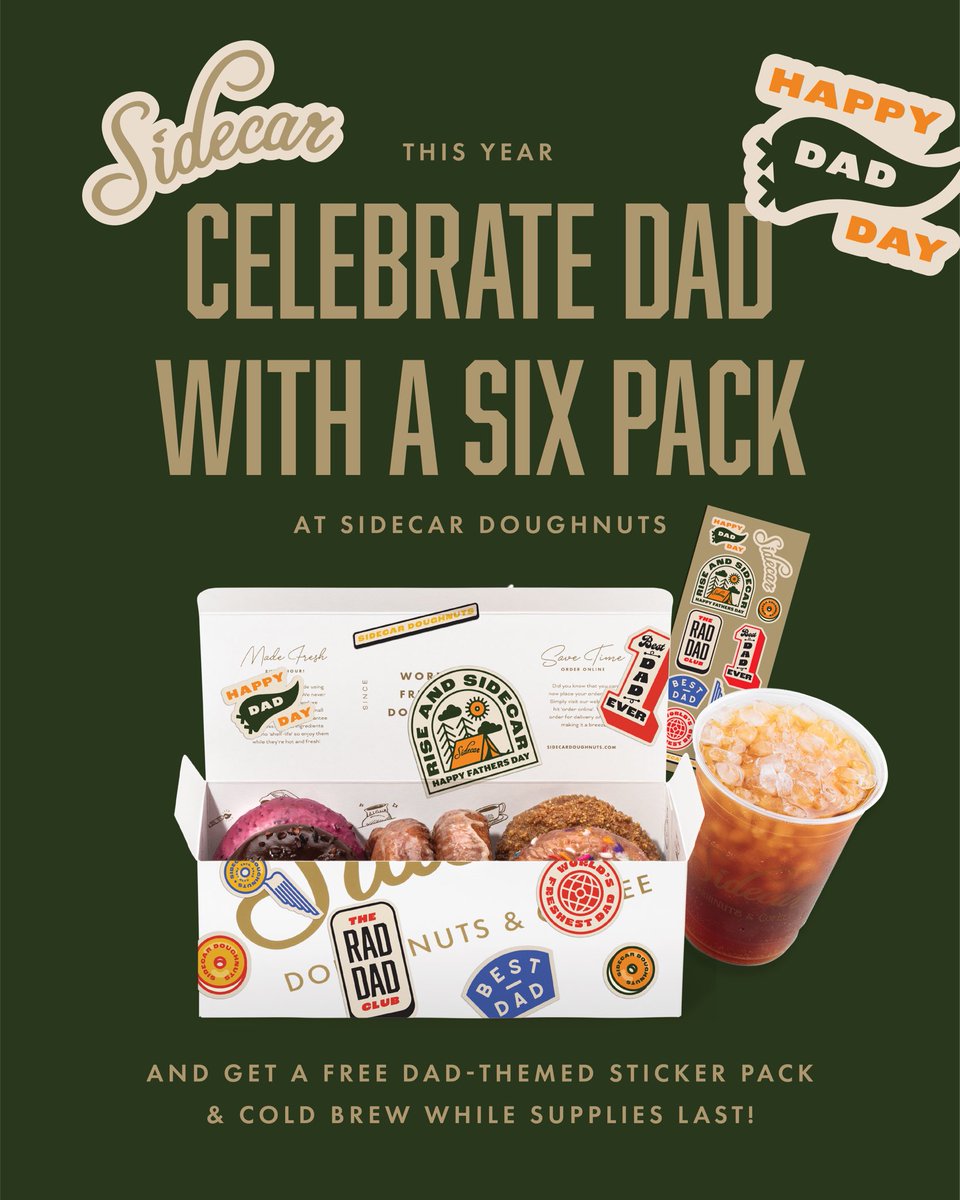SidecarDoughnts's tweet photo. Did you hear? Dad bods are IN! 

This #FathersDay, give your old man the ultimate six-pack...of doughnuts! 🍩 Score a FREE dad-themed sticker pack and a cold brew coffee with any 6 or 12 pack of our mouthwatering doughnuts. It’s a deal that’s worth raising a dozen smiles for!💙 https://t.co/SvBizwLpsV