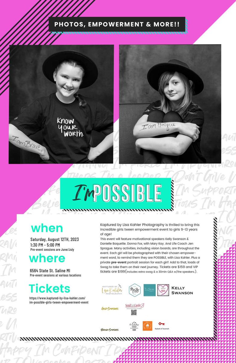 Our annual I'm Possible Girls Tween Empowerment Event is live and tickets are available. Go to kaptured-by-lisa-kahler.com and click on the I'm Possible page.