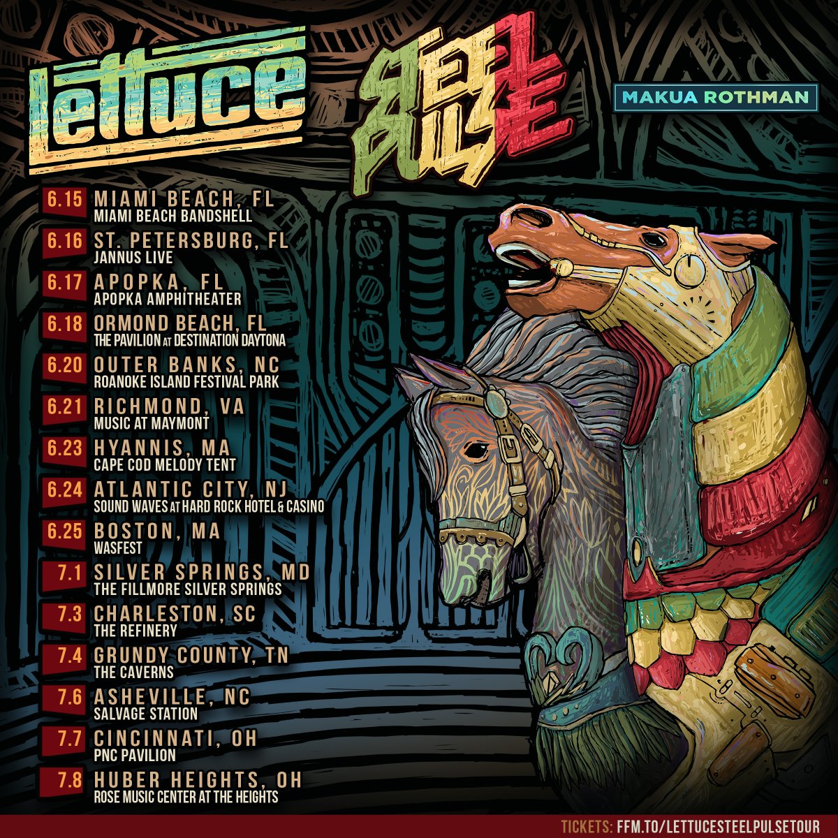 SUMMER TOUR w/ @lettucefunk and @therealmakua kicks off THIS THURSDAY in Florida! Where will we see you? TICKETS --> ffm.to/lettucesteelpu… Art by Rob Winchester