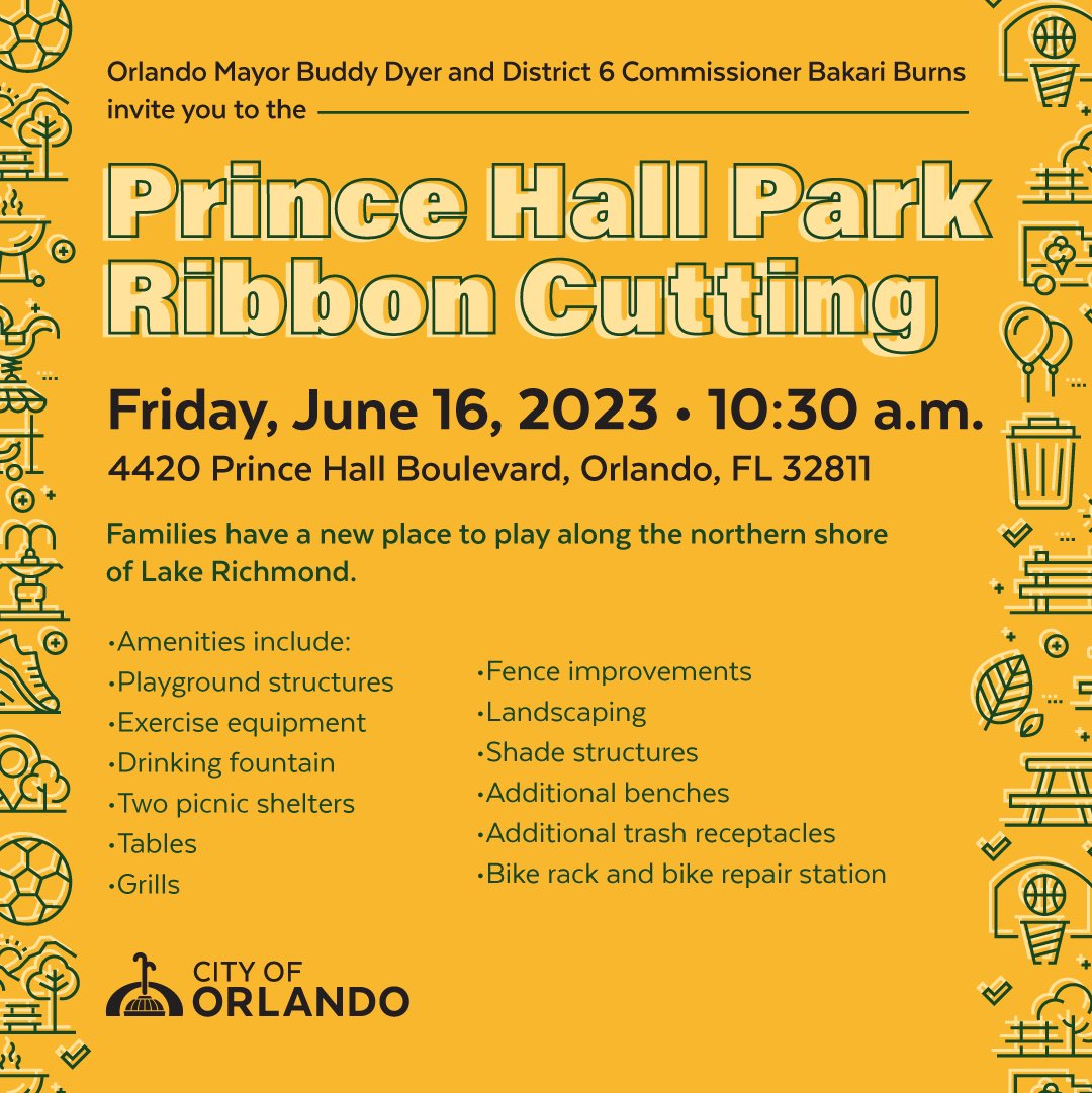 Join <a href="/orlandomayor/">Mayor Buddy Dyer</a> and <a href="/orldistrict6/">Commissioner Bakari F. Burns</a> for the Prince Hall Park Ribbon Cutting - this Friday at 10:30am. 

Youth and families in District 6 now have a new place to play along the shore of Lake Richmond! 🛝