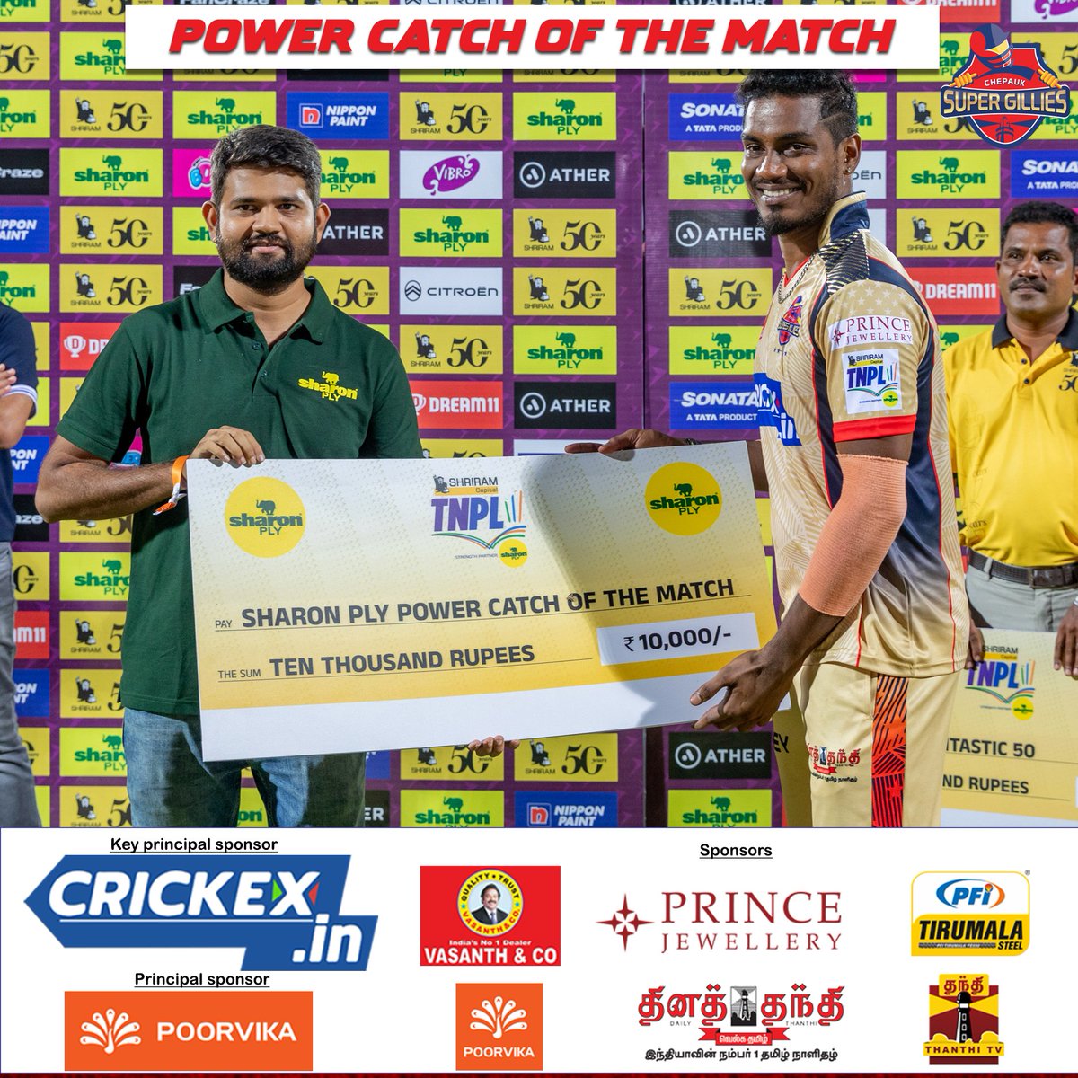 Harish Kumar.S Claims 'POWER CATCH OF THE MATCH” award match played against Salem Spartans. #CSG #SuperGillies #CSGvsSS #PattaiyaKelappu #TNPL2023