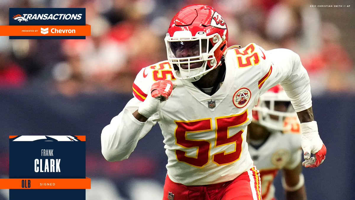 Broncos's tweet photo. OFFICIAL: We've signed OLB Frank Clark.

Welcome to #BroncosCountry, @TheRealFrankC_!

📰 » https://t.co/zPF516uBe9 https://t.co/wNCwZHSZnu