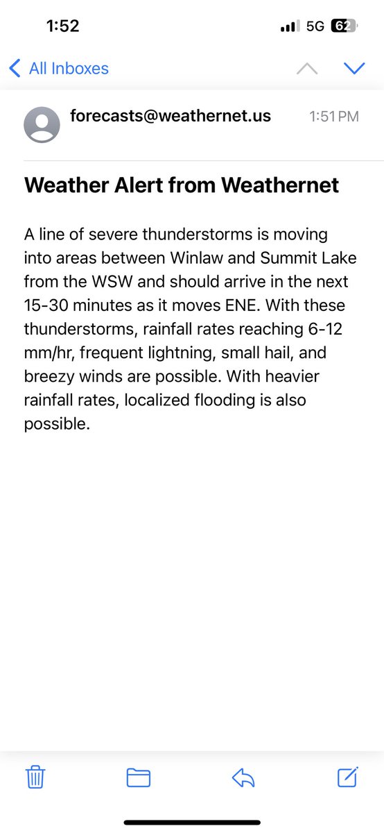 We have a severe thunderstorm warning that has potential to bring heavy localized rainfall that is expected to move into the area in the next 30 minutes. Please be sure to adjust your driving speeds if experience heavy downpours. Please report any road or bridge concerns to us!