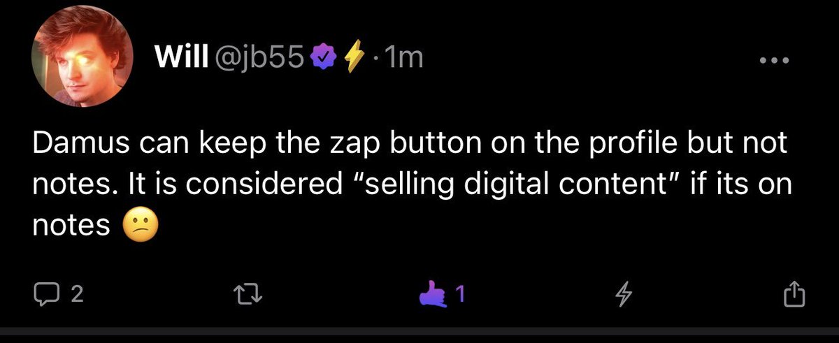 Pledditor's tweet photo. After talking with Apple, Damus apparently can keep the Zap button on the profile, but not notes.
H/T: @btclemniscate https://t.co/LC2q6R46Ao