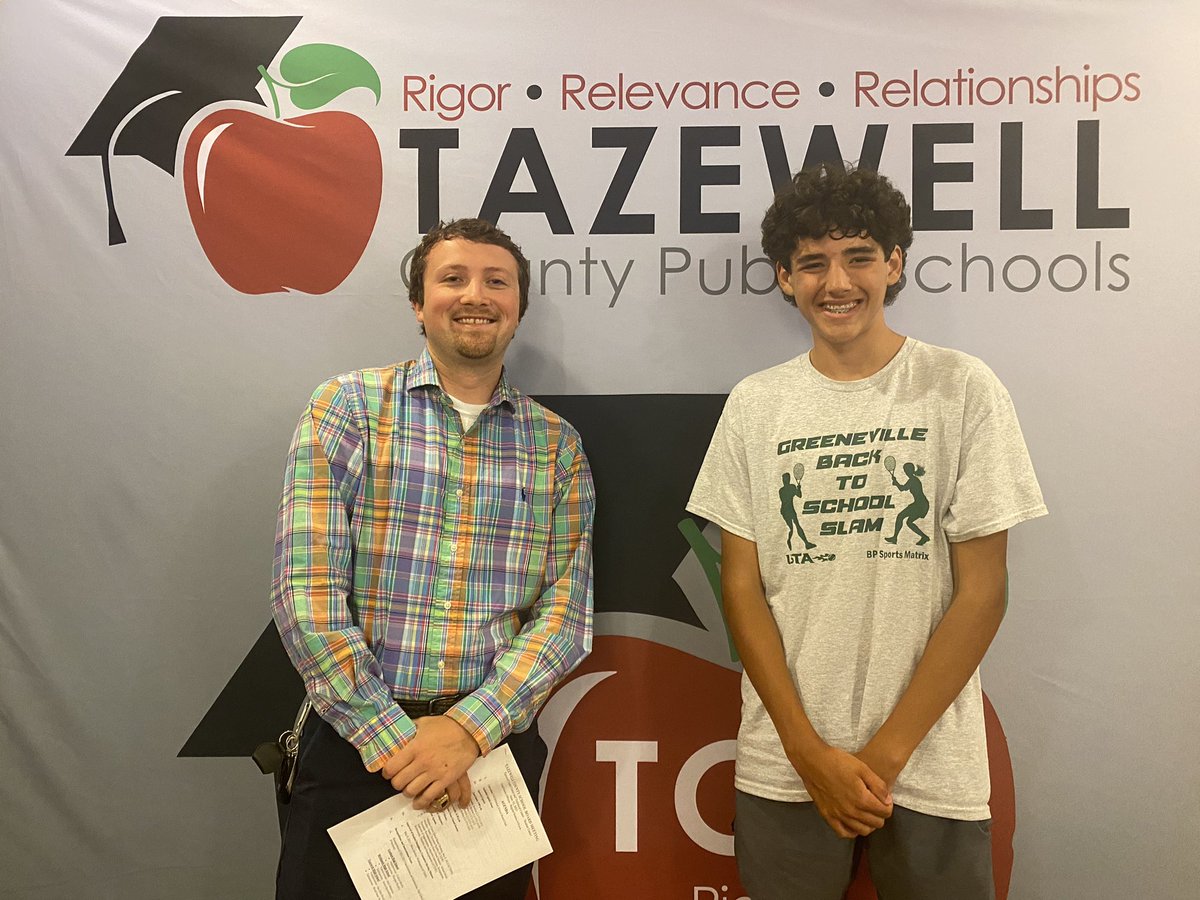 TCPSchools's tweet photo. Richlands High School student Jack Clem was recognized by the school board last night. He is the Class 2 State Singles Champion in tennis and the first-ever state tennis champion from Richlands. His Coach, Rees Bowen (left), is pictured with him. https://t.co/w4z2AEEHsg