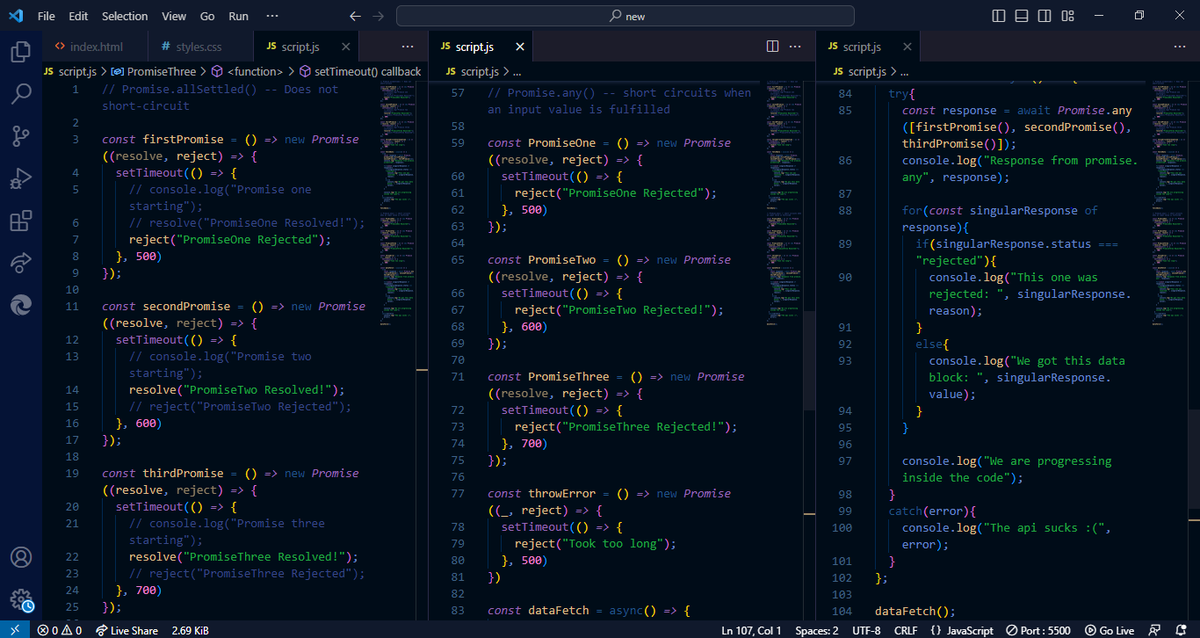 Day 93 of #100DaysOfCode in JavaScript completed!
Today, I learnt about the power of Promise.allSettled() &amp; Promise.any(). 
Promise.allSettled gets all promise results, handling all outcomes while Promise.any races promises, returning first fulfilled result.

1 week to go! 🚀✨😁
