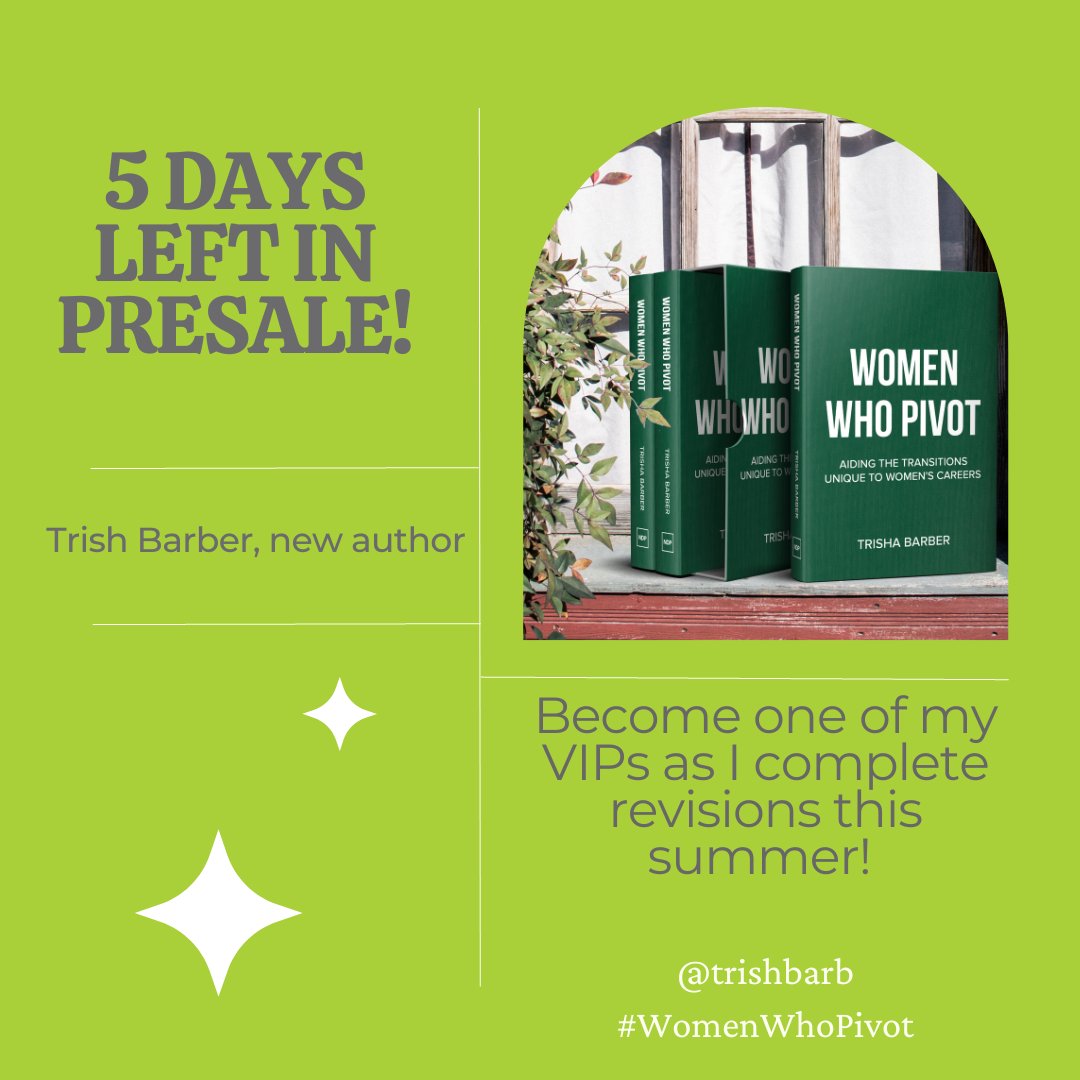 trishb1's tweet photo. My presale ends in 5 days! Thanks to all who have already become VIPs! You will be my advisory board for the publishing process. I'm so encouraged to see you join the team. What a great group! I'm so #grateful  #WomenWhoPivot #booklaunch #newauthor #modernauthor https://t.co/4NvqAcmTxe