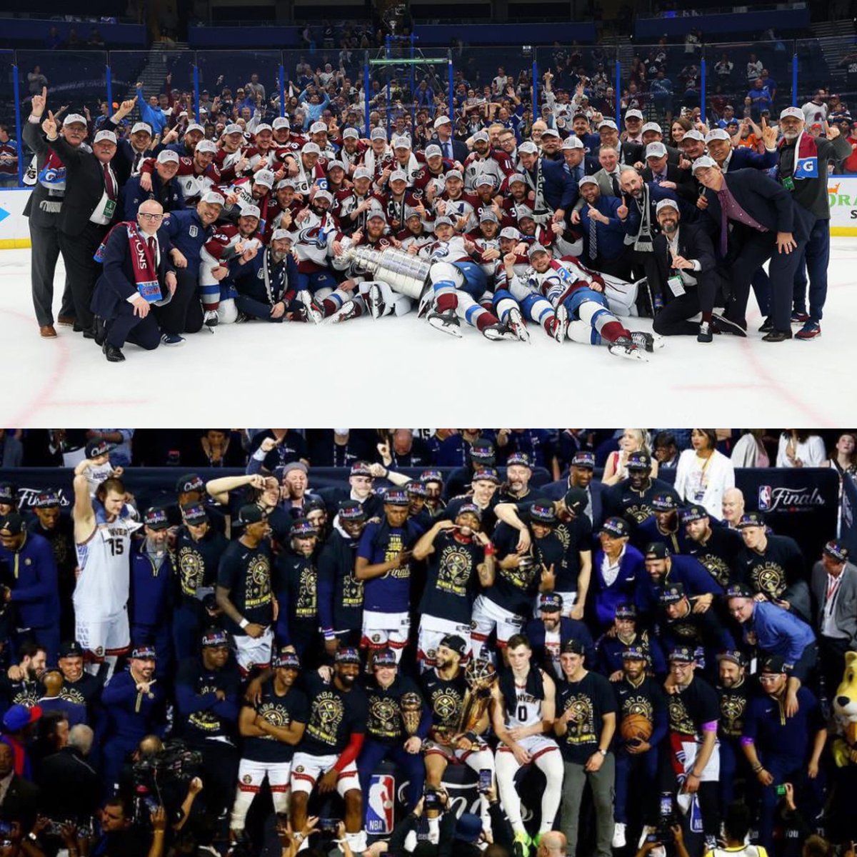BarstoolDenver's tweet photo. 2022 Colorado Avalanche: 
• 16-4 
• Two Sweeps 
• Won every series on the road 

2023 Denver Nuggets: 
• 16-4 
• 10-1 at home 
• 5-0 in the last five away games 

City of champions. #GoAvsGo #MileHighBasketball #Bringitin https://t.co/i3C3m6yYWa