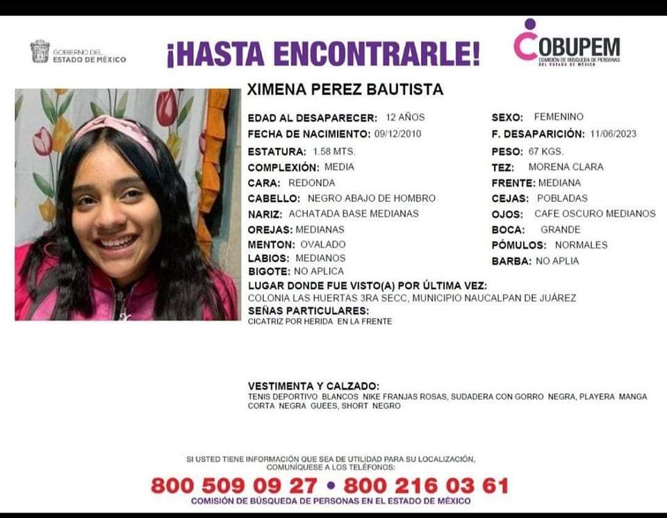 Ximena Pérez Bautista #Desaparecida en #Naucalpan #Edomex . Difusión #HastaEncontrarte @lydicar @botDesaparecidx @RealidadNaucal2 @SoyNaucalpan @Naucalneto