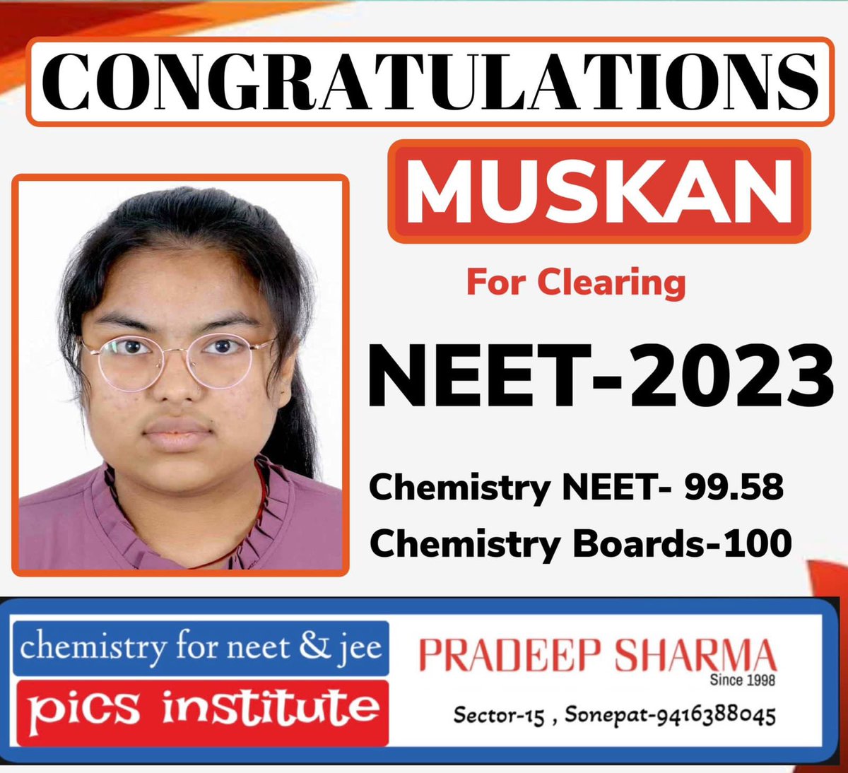 ✅ MEET THE TOPPER .

Let me Introduce our Student “MUSKAN” who has scored 100/100 in “Chemistry & now has cleared NEET-2023 ( 656/720) , Chemistry NEET percentile 99.58 .

#neet2023  #neetresult