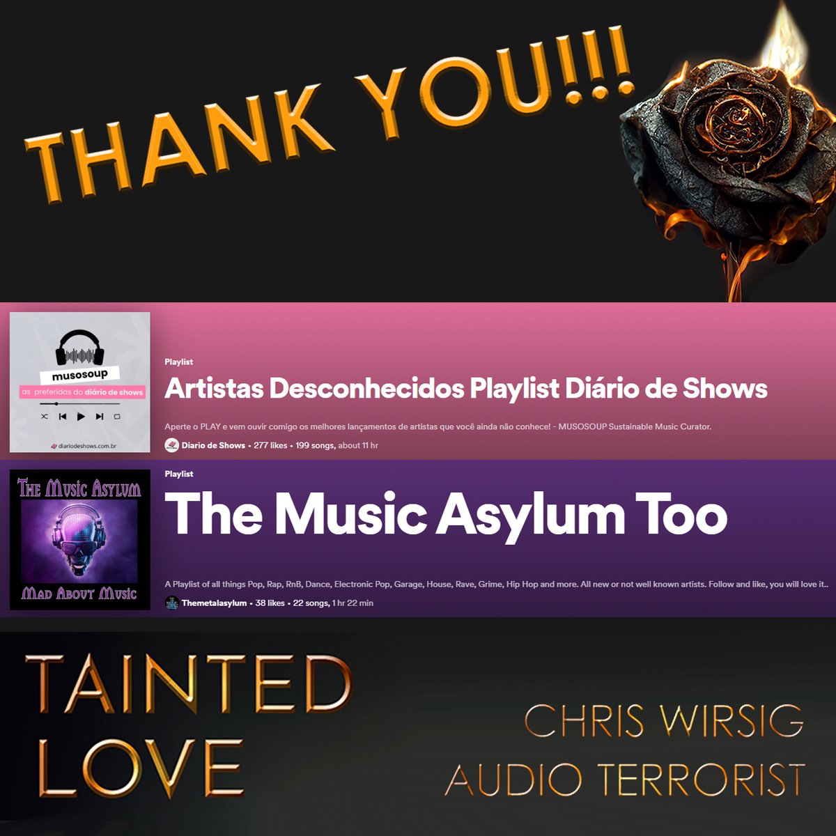 Thx to @diariodeshows & @metalpriestess1 4 adding TAINTED LOVE to ur great @Spotify playlists! 🔊check them out!
The Single: ffm.to/taintedlove

Chris Wirsig & @Audioterrorist

#taintedlove #coverversion #electropunk #electropop #chriswirsig #audioterrorist #alternativepop