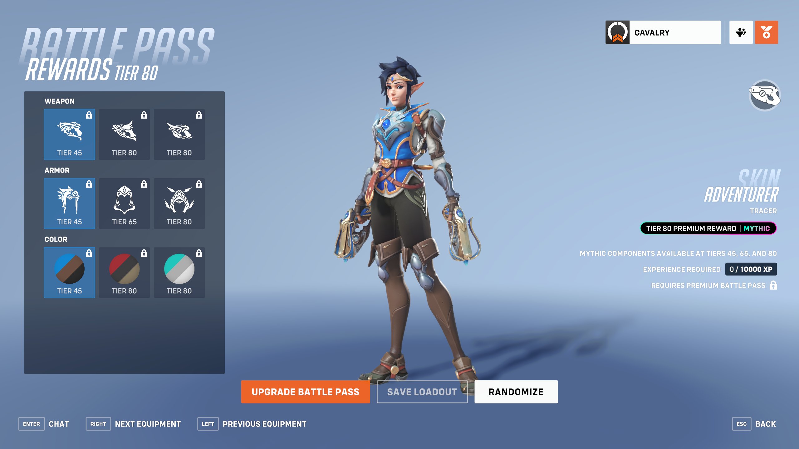 All customization options for Mythic Adventurer Tracer skin in