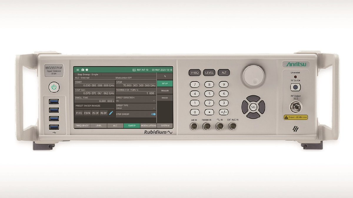 Anritsu's tweet image. #Anritsu has expanded its award-winning #Rubidium high-performance analog #SignalGenerator family with the introduction of the MG36271A that covers 9 kHz to 70 GHz to meet the needs of emerging extremely high frequency designs. bit.ly/3N2H0i4
#TestandMeasurement