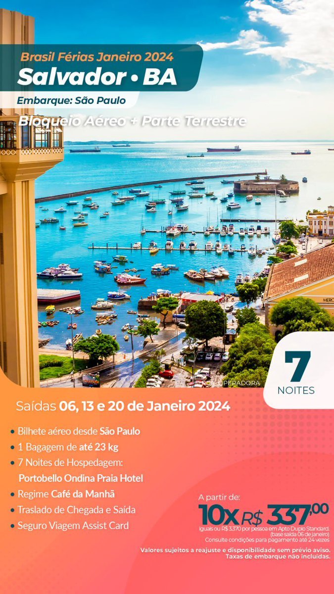 RicardoWhitton's tweet photo. #Brasil #Férias de #Janeiro 2024
Pacote #Salvador

Saídas 06, 13 e 20/01/2024 de São Paulo

Contato ricardo@rwh-viagens-e-turismo.com.br

Site https://t.co/TJ3THhM1ZV

#nordeste #lazer #viagens #viagensbrasil #agentedeviagens #consultoriadeviagem #agentehomeoffice https://t.co/BymI6shhkp