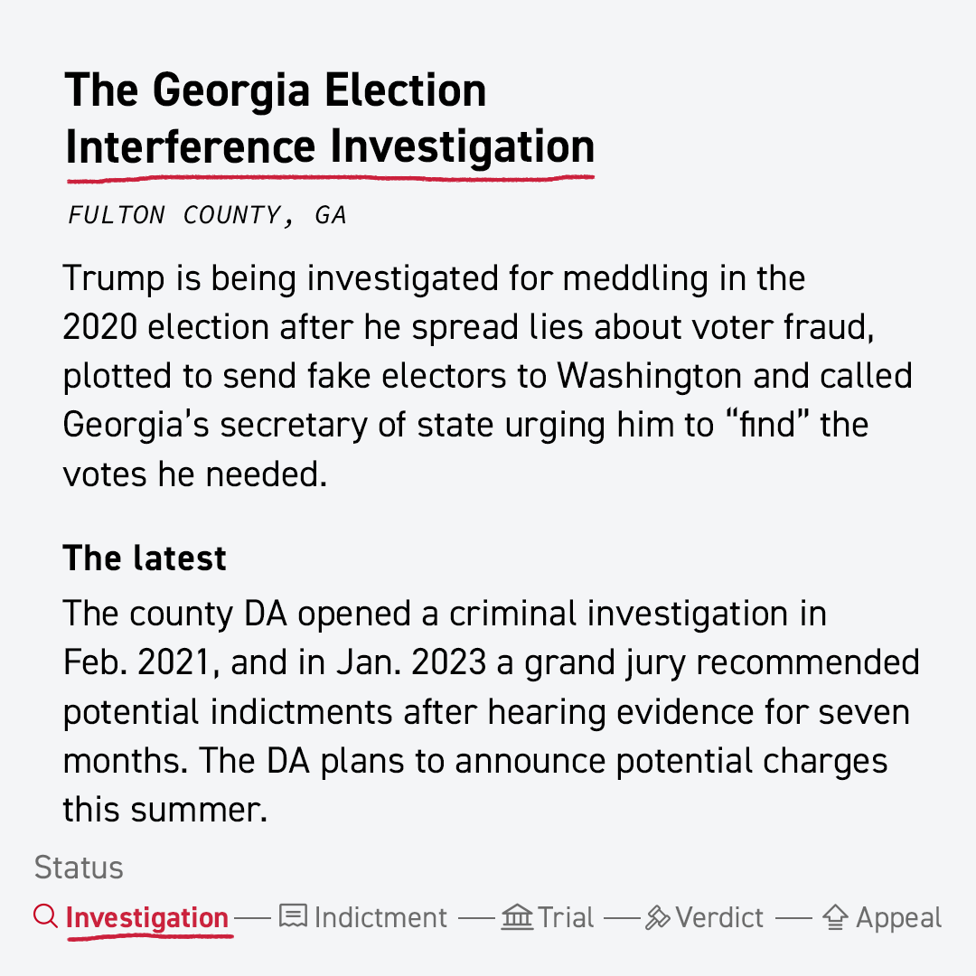politico's tweet image. Two other ongoing criminal probes, both related to 2020 election interference, could lead to more indictments of Trump and his allies.

3️⃣ The Georgia election interference investigation
4️⃣ The DOJ’s Jan. 6 insurrection investigation 
politi.co/43BrMrn