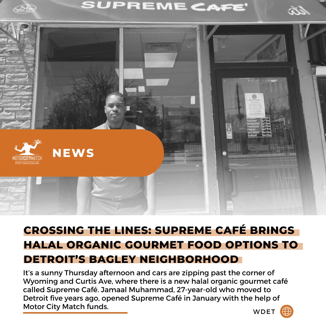 <a href="/MotorCityMatch/">Motor City Match</a> awardee Supreme Cafe was recently featured in <a href="/wdet/">WDET 101.9FM</a>'s Crossing the Lines: Live6 series. Located at the corner of Wyoming and Curtis Ave., Supreme Café opened to provide halal organic food to the Bagley neighborhood.

Read more: bit.ly/42BlK8H