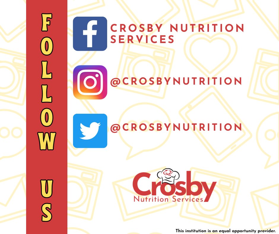 Follow our nutrition department on social media for the latest news and updates! 
📲 Facebook: tinyurl.com/crosbyfb
📲 Instagram: tinyurl.com/crosbyig
📲 Twitter: tinyurl.com/crosbytw

@CrosbyISD #cougarpride #bettertogether #Crosbytx #Crosbytexas #Crosby #txschools