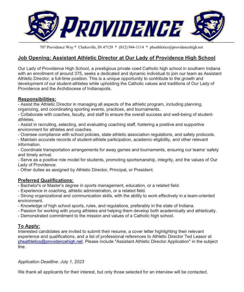 Steve Beyl (@prov_principal) on Twitter photo Providence is looking to hire an Assistant Athletic Director. See more information below. Interested candidates can email phsathletics@providencehigh.net to apply. Providence is looking to hire an Assistant Athletic Director. See more information below. Interested candidates can email phsathletics@providencehigh.net to apply.