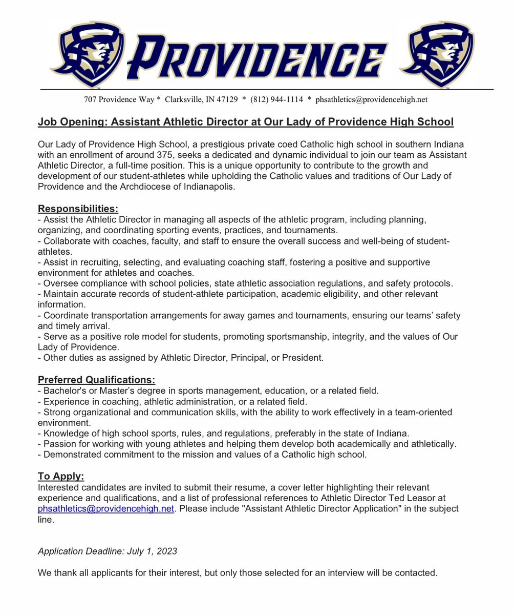 Providence is looking to hire an Assistant Athletic Director. See more information below. Interested candidates can email phsathletics@providencehigh.net to apply.