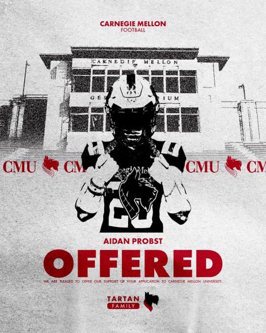 Aidan Probst (@aidan_trojan) on Twitter photo After a great call with <a href="/CoachGibboney/">Coach Gibboney</a> Iām extremely blessed to say that I have received my first offer to play at Carnegie Mellon university!
<a href="/TartanFB/">Carnegie Mellon Football</a> <a href="/CoachRyanLarsen/">Ryan Larsen</a> <a href="/Coach_Kay19/">K. K. Rountreeš¹š¹</a> <a href="/bo_orlando/">Bo Orlando</a> <a href="/COACHSLOCUM/">Aaron Slocum</a> <a href="/FBCoach_Spoon/">Spoon</a> <a href="/NateDavison4/">Coach Davison</a> <a href="/jjferraro50/">J.Ferraro</a> After a great call with <a href="/CoachGibboney/">Coach Gibboney</a> Iām extremely blessed to say that I have received my first offer to play at Carnegie Mellon university!
<a href="/TartanFB/">Carnegie Mellon Football</a> <a href="/CoachRyanLarsen/">Ryan Larsen</a> <a href="/Coach_Kay19/">K. K. Rountreeš¹š¹</a> <a href="/bo_orlando/">Bo Orlando</a> <a href="/COACHSLOCUM/">Aaron Slocum</a> <a href="/FBCoach_Spoon/">Spoon</a> <a href="/NateDavison4/">Coach Davison</a> <a href="/jjferraro50/">J.Ferraro</a>