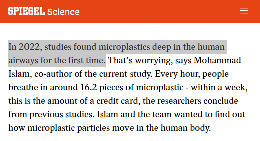 NEW - In 2022, studies found microplastics 'deep in the human respiratory tract' for the first time. 

spiegel.de/wissenschaft/p…