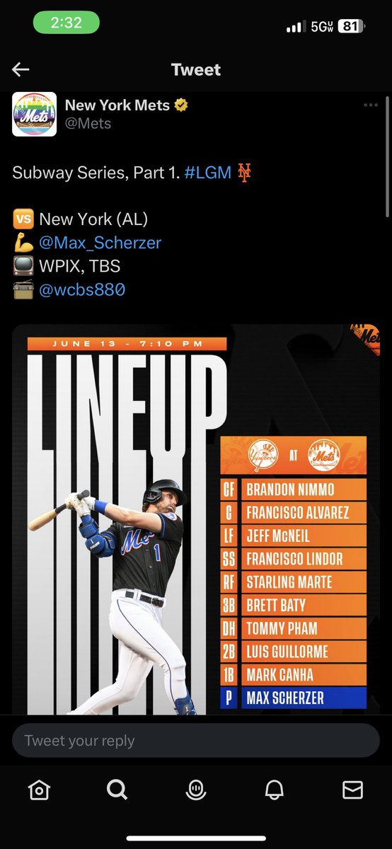Eric_Sternberg's tweet photo. @metspolice @UniWatch Not a good sign… black jersey and background in the lineup graphic. They usually only do that when they’re wearing black that night… https://t.co/mJQmgUIZvC