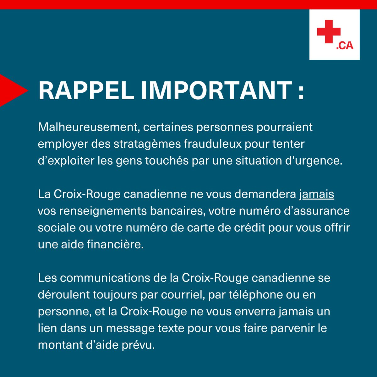 ⚠️ Méfiez-vous des fraudes

Nos communications se font par courriel, téléphone ou en personne. Nous n’envoyons jamais de liens par message texte pour offrir de l'aide.

On ne demande jamais de renseignements bancaires, de numéros d'assurance sociale ou de carte de crédit.