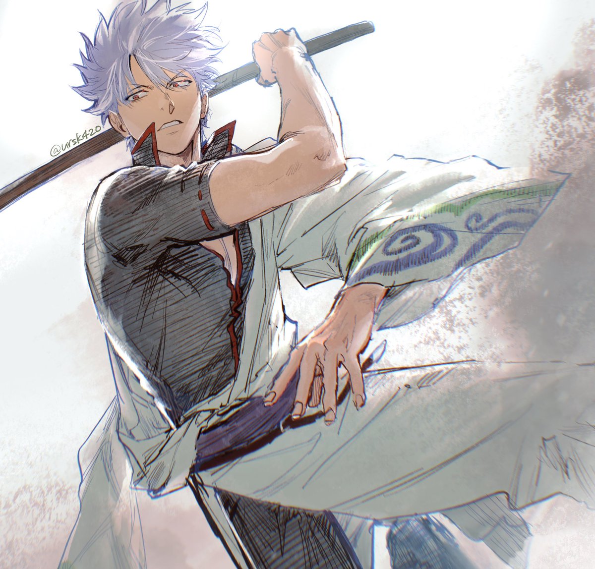 sakata gintoki 1boy solo male focus japanese clothes holding weapon holding wooden sword  illustration images